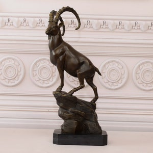 Limited Statue Goat on Rock - Bronze Sculpture on Marble Base - Sold and Heavy Statue - Vintage Home Decor - Gift Idea - Foundry Mark