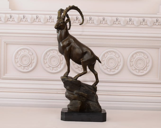 Limited Statue Goat on Rock - Bronze Sculpture on Marble Base - Sold and Heavy Statue - Vintage Home Decor - Gift Idea - Foundry Mark