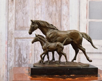 Bronze Mare and Foal Sculpture – Marble Base Horse Figurine (27cm Height)