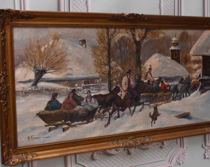 TOP! Antique Polish Winter Landscape Painting: Horses & Sleigh Setkowicz Art