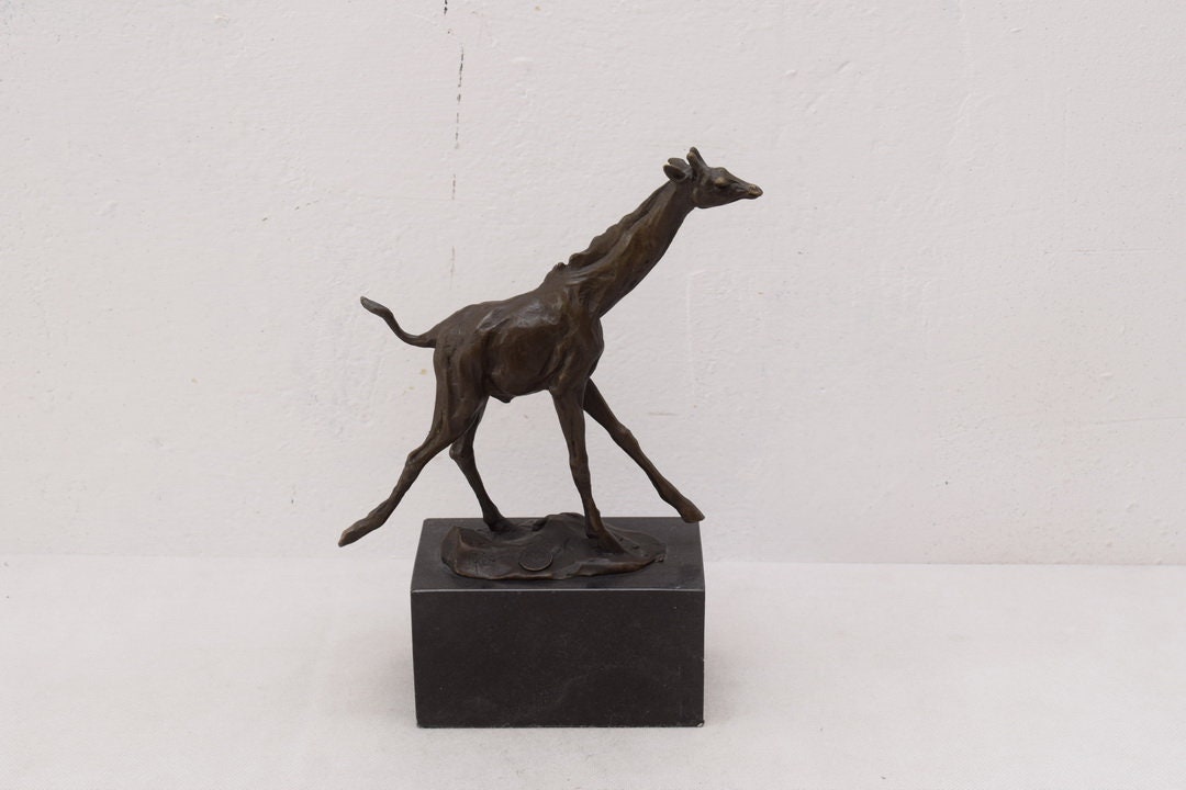 Giraffe Animal Bronze Giraffe Statue Figure on Marble Base Richly