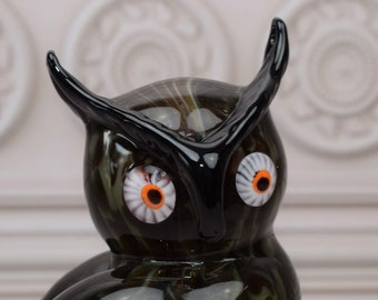 ムラーノガラス　ヴィンテージ　フクロウ置物 黒のムラーノガラスのフクロウ像：ヴィンテージホームデコレーション