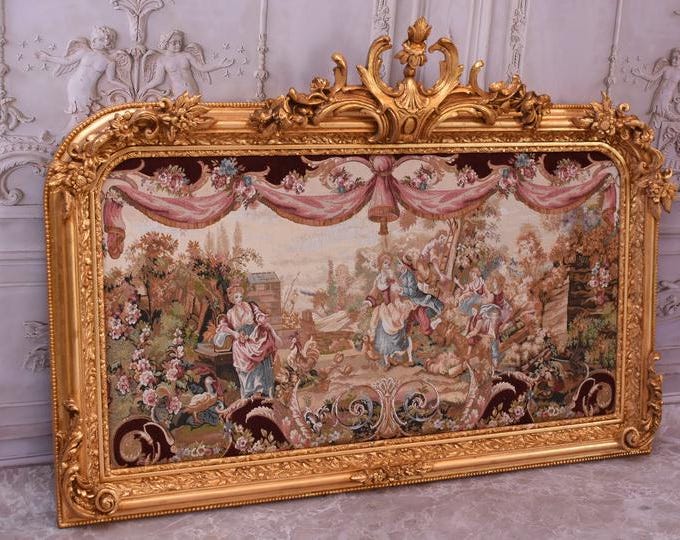 Vintage Paris Tapestry – Baroque Wooden Frame, Large French Wall Art