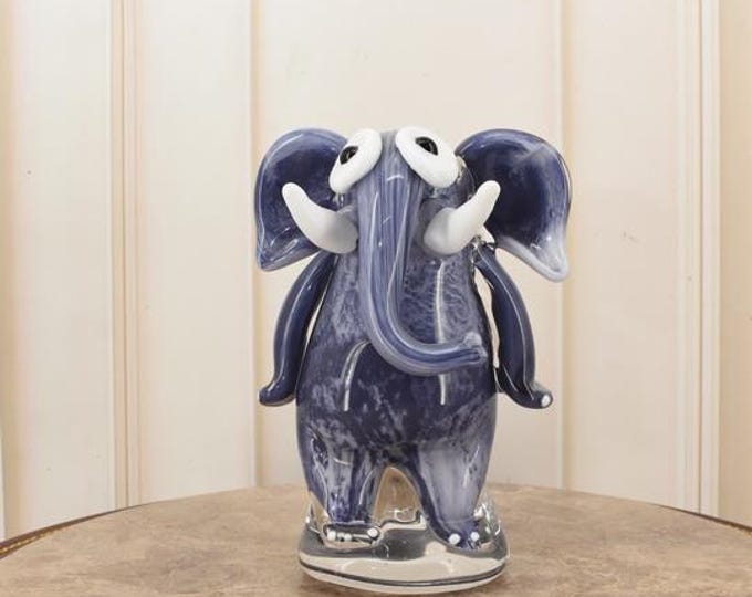 Modernist Blue Glass Elephant | Murano Style Art Glass Figurine | Playful Vintage Decor Accent