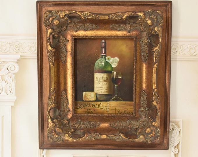 French Wine Still Life Oil Painting: Vintage Rustic Kitchen Art