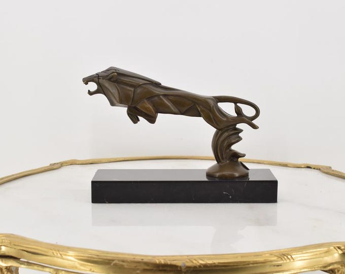 Jumping Lion Bronze Figurine - Mascot Signed Bronze Sculpture on Marble Base - Foundry Mark - Exclusive Gift - Home Decor