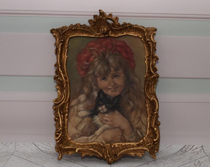 Antique Painting Girl with Cat - Painting on Canvas with Old Gold Frame - Mehoffer Art Deco Painting Polish Artist - Wall Decor - Home Decor