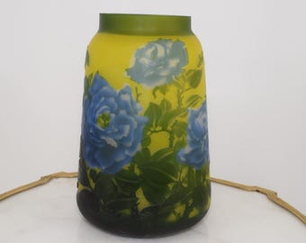 Emile Galle Style Glass Flower Vase: Green & Yellow Art Nouveau Decor