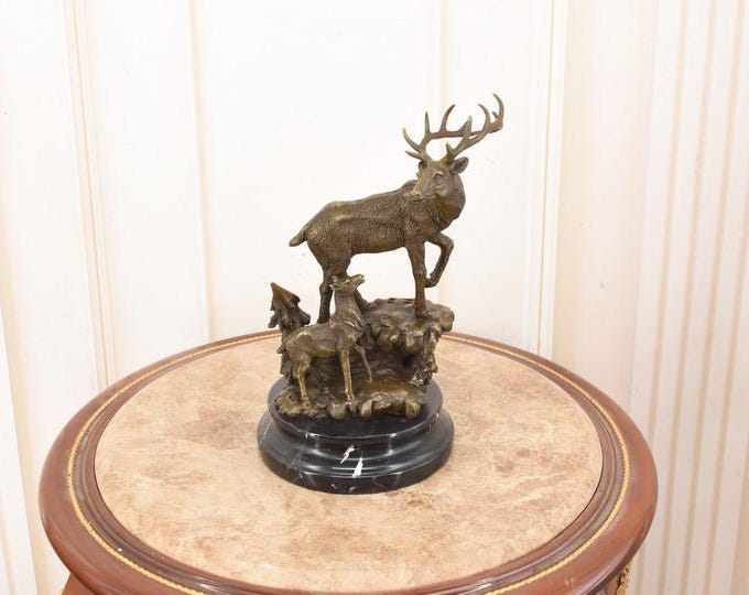 Vintage Bronze Deer Family Figurine – Signed Reindeer on Rock Sculpture