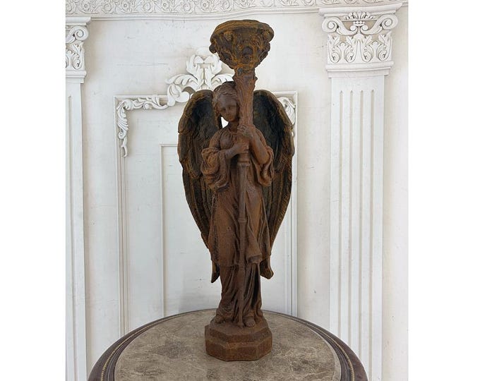 Cast Iron Standing Angel Candle Holder - Guardian Angel Garden Statue - Church and Memorial Decor