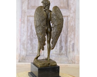 Michelangelo's David Bronze Statue: Vintage Winged Man on Marble Base