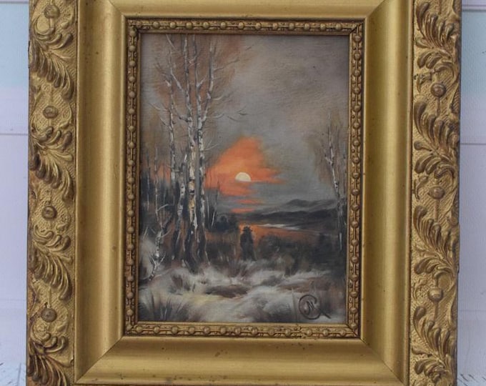 Antique Nocturne Painting – Oil on Wood – Golden Frame – Polish Art – Unique Wall Decor – Exclusive Gift – Vintage Home Accent