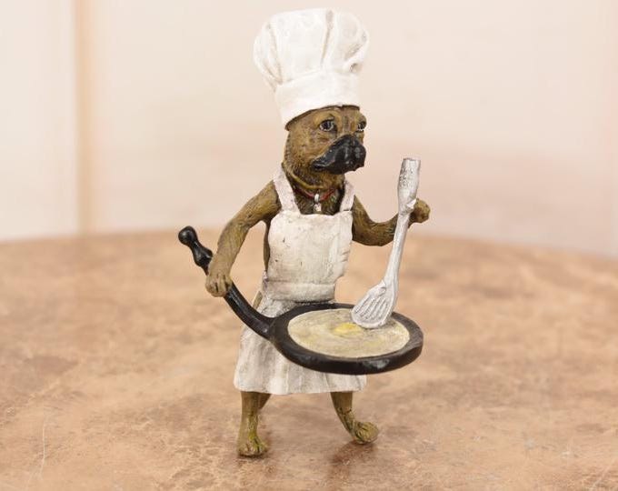 Signed Bronze Dog Chef Sculpture – Vienna Bronze Style Whimsical Cook Statue