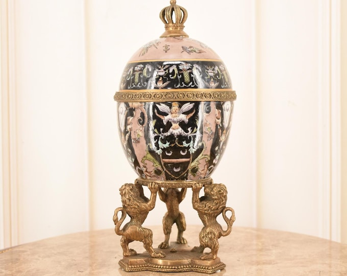 Egg Porcelain with Bronze - Bronze Base with Lions Figurines and Ornaments - Elegant Wedding Gift - Home Decor - Unique Gift