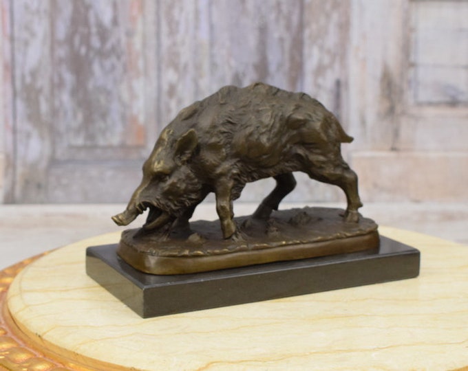 Wild Boar Bronze Statue on Marble Base - Boar Sculpture - Hunter Statue - Gift for Hunter - Desk Decor - Home Decor - Vintage Bronze