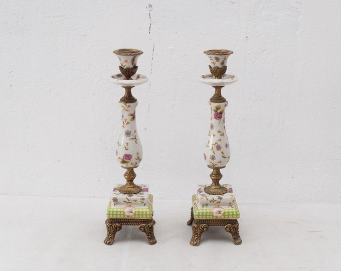 Pair Set Porcelain with Bronze Art Nouveau Candlestick Flowers  Art Deco Gift -