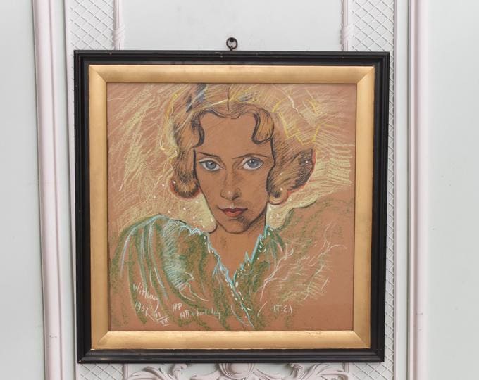 Antique Painting - Portrait Woman Witkacy 1937 - Old Painting on Carton - Drawing Pastel Art Nouveau - Home Decor - Wall Decor - Wall Art