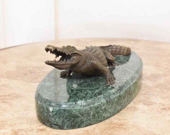 Vintage French Bronze Crocodile Sculpture – Marble Base Animal Figurine