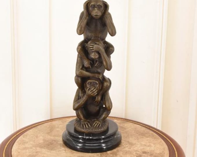 Three Wise Monkeys Bronze Sculpture – M. Lopez Style Signed Vintage Art