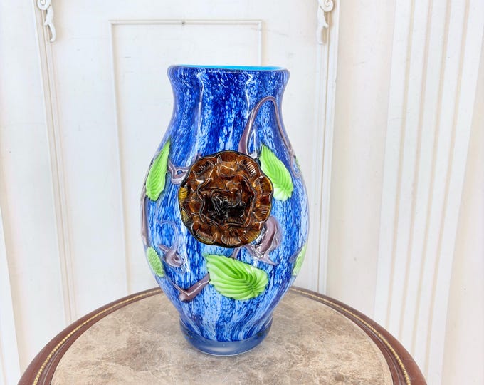 Vintage  Glass Vase: Blue & Green Floral Decor, Italian Art    