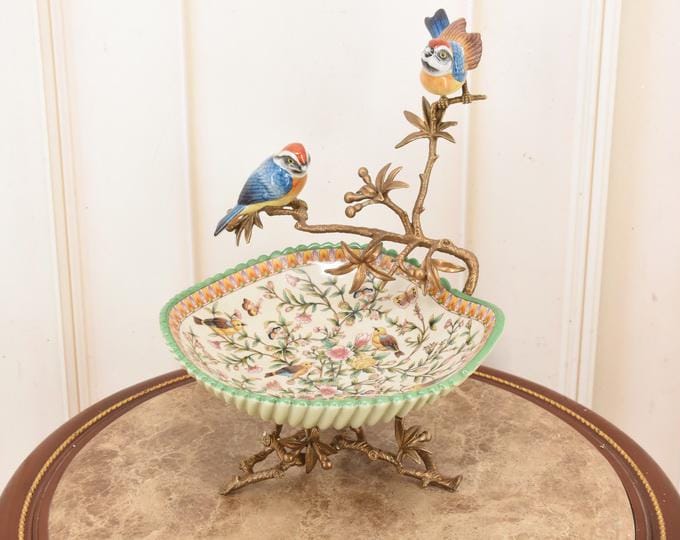 Vintage Hand-Painted Porcelain Platter with Bronze Ormolu Birds – Oval Serving Dish