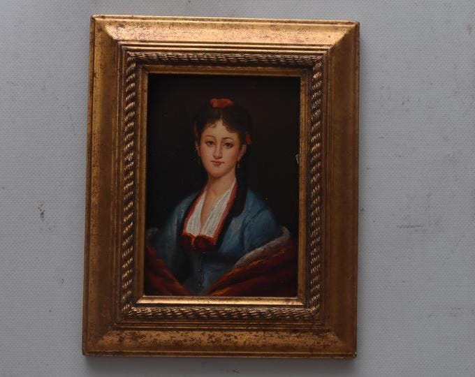 Japanese Woman in Kimono – Vintage Oil Painting on Wood – Golden Frame – Oriental Portrait – Unique Wall Art