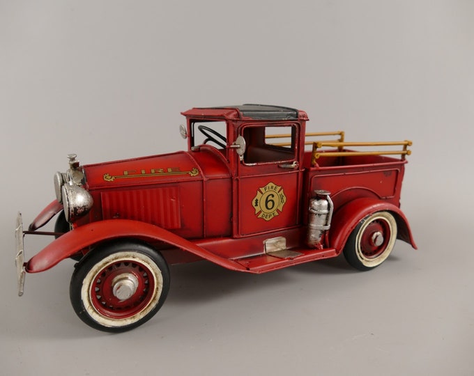 Vintage Fire Brigade Car - Old Metal Model - Toy Auto Gift Idea  for Firefighter Old School