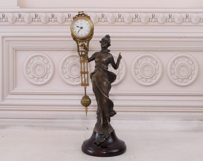 Art Nouveau Bronze Woman Pendulum Clock - Working Fireplace Mantel Clock