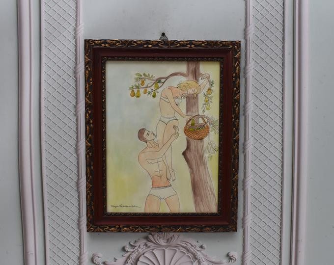 Maja Berezowska – Lovers Under the Apple Tree – Mature Content – Figurative Watercolor & Ink on Paper – Romantic Vintage Wall Art