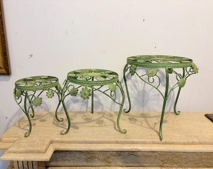 Set of 3 Vintage Green Metal Plant Stands – Floral Garden Tables, Decorative Flower Holders