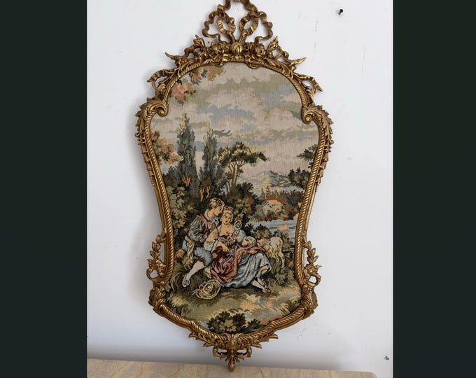 Vintage French Tapestry Wall Art - Aristocratic Lovers - Bronze Frame - Romantic Antique Style Decor