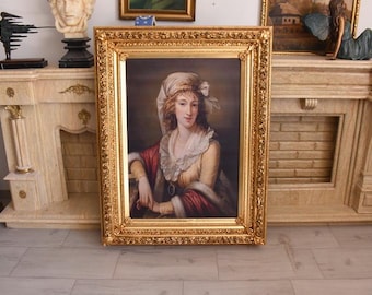 Vintage French Aristocratic Lady Portrait Print on Ornate Gold Frame Canvas Wall Art