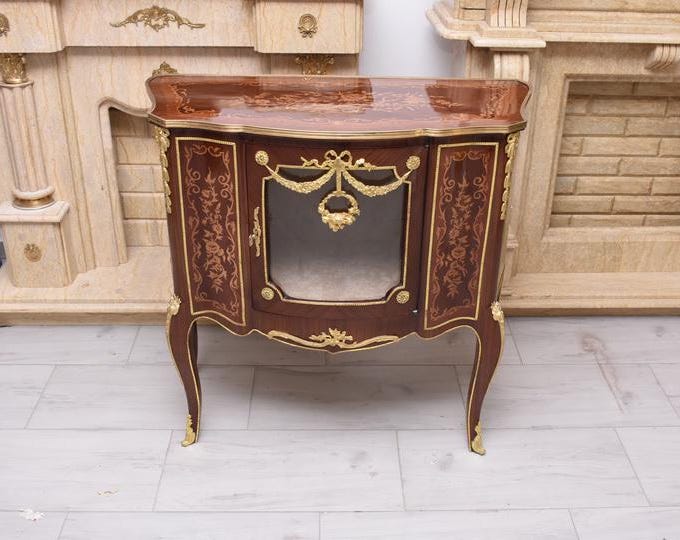 Louis XV Style Bar Cabinet – Inlaid Wood Commode, Antique French Design