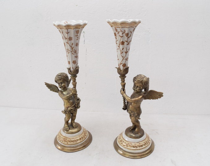 Pair Set Porcelain with Bronze Angel Candlestick Angels  Art Deco Gift -
