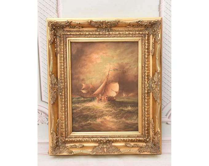 Vintage Painting Boat on Sea - Painting with Gold Frame on Wood - Sea Lovers Art - Painting HandMade Wall Decor - Home Decor - Gift Idea