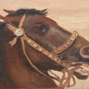 Pu&ograve; includere: Dipinto a olio della testa di un cavallo marrone di profilo, con una briglia beige. La criniera scura del cavallo contrasta con lo sfondo pi&ugrave; chiaro. La briglia ha elementi decorativi. La bocca del cavallo &egrave; leggermente aperta.