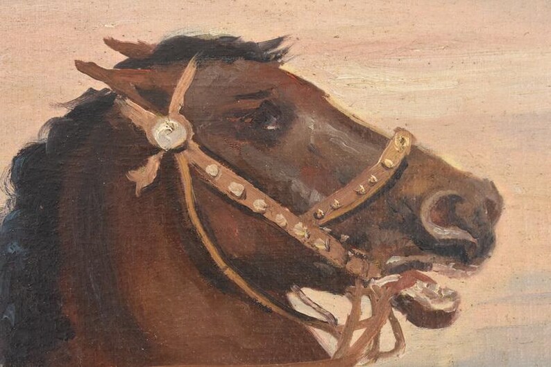 Pu&ograve; includere: Dipinto a olio della testa di un cavallo marrone di profilo, con una briglia beige. La criniera scura del cavallo contrasta con lo sfondo pi&ugrave; chiaro. La briglia ha elementi decorativi. La bocca del cavallo &egrave; leggermente aperta.