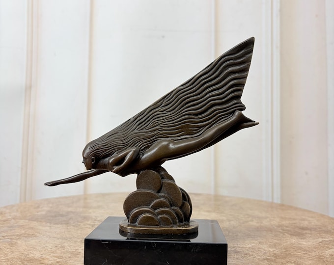 Vintage Art Deco Style Flying Woman - La Comète - Bronze Finish Figurine on Marble Base