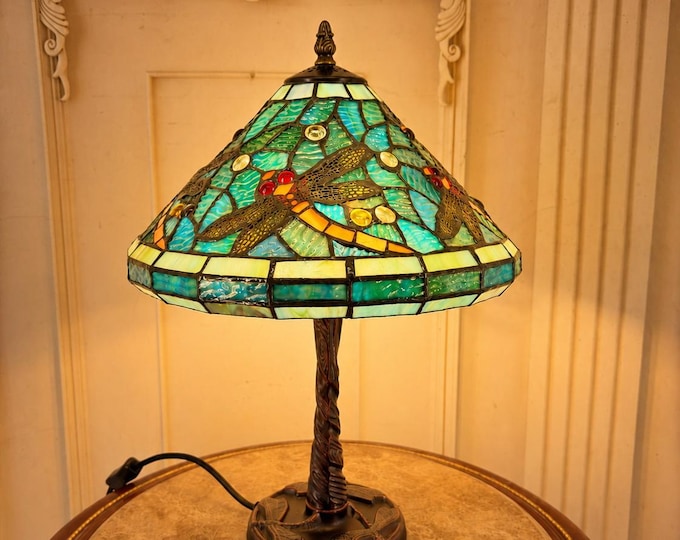 Blue  Dragonfly Table Lamp - Art Nouveau Two Bulb Stained Glass Lighting - Decorative Accent Lamp