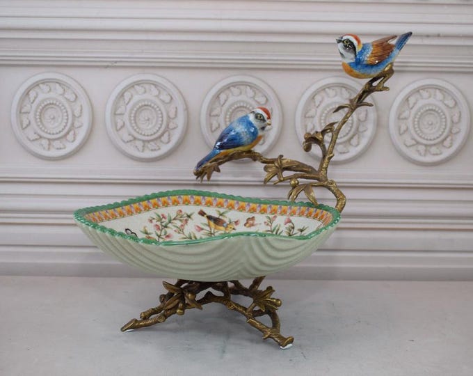 Porcelain Plateau with Bronze Ornaments - Two Birds on Branch and Flowers Motif - Bowl Antique - Home Decor - Gift for Wedding, Birthday