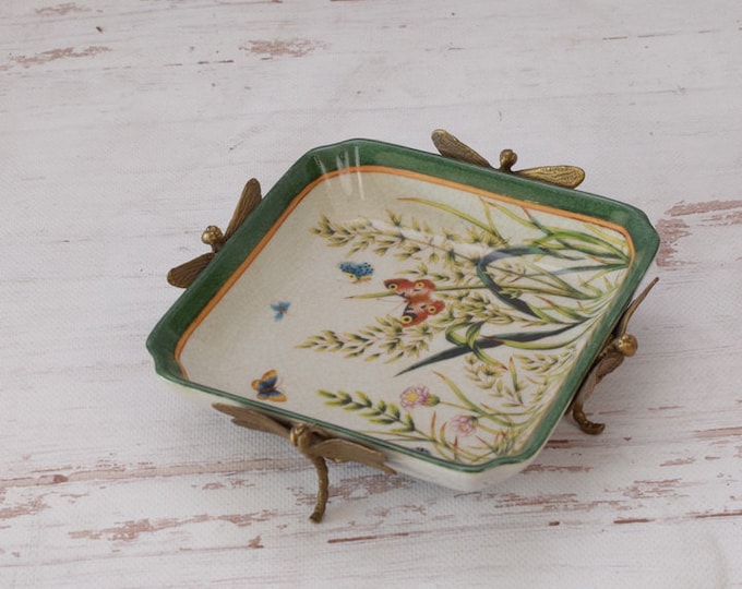 Porcelain bowl with bronze ornaments - dragonfly bronze- green plateau porcelain antique -