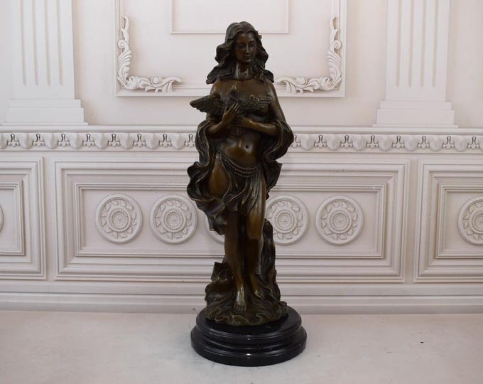 Art Nouveau Bronze Sculpture - Woman with Bird - Bronze Statue on Marble Base - Unique Act Figure - Home and Garden Decor - Gift Idea