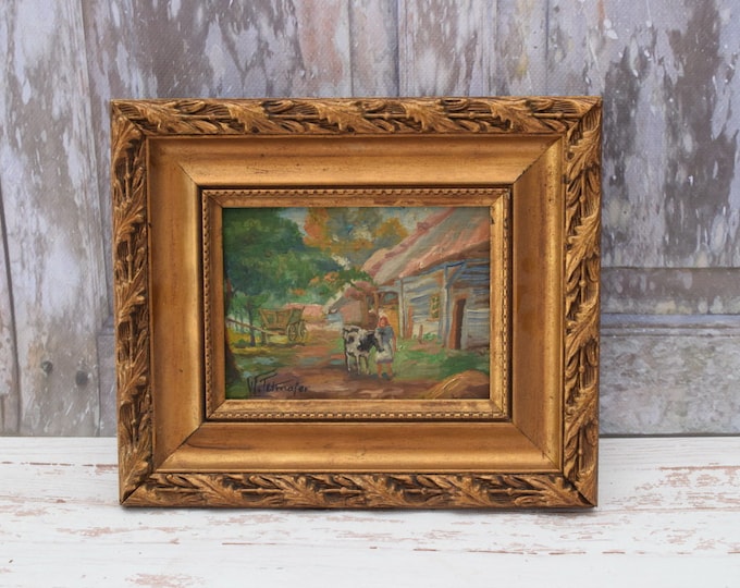 Painting Polish Village - Tetmajer Painting - Landscape Painting Oil on Wood - Polish Art - Goledene Frame - Wall Art Painting