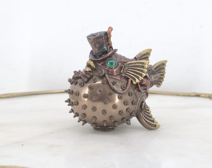 Steampunk Fish - Figurine Metal Bronze - Steampunk Puffer Fish Statue - Gift Good Idea - Collectible Art