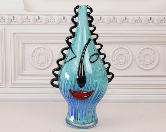 Amazing Vase Murano Glass - Blue Vase Face Murano Style - Italian Luxury Glass - Home Decor - Gift for Wedding, Birthday, Housewarming