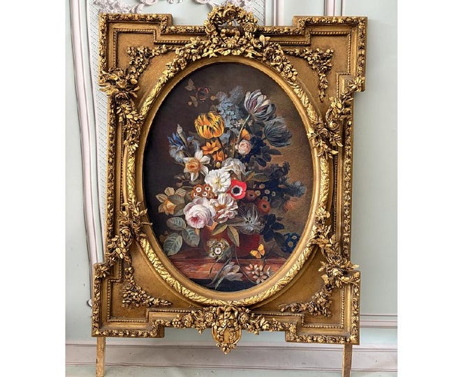 Vintage Baroque Floral Painting - Large Flowers in Vase Wall Art - Framed Still Life Canvas - Ornate Wooden Frame Decor