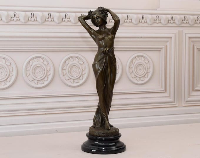 Woman with Flowers in Her Hair Bronze Statue - Art Nouveau Sculpture - Figure on Marble Base - Foundry Mark - Gift Idea - Home Decor
