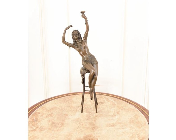 Vintage Bronze Egyptian Woman on Chair Sculpture – Signed Chiparus Style Figure