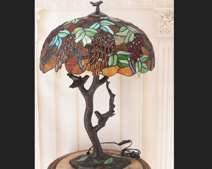 Stained Glass Bird Table Lamp - Birds on Branch - Colorful Glass Desk Lamp - 2 Light Decorative Lamp