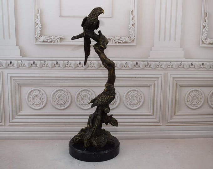 Two Parrots Bronze Statue - Parrot Large Sculpture on Marble Base - Beauty Animals Figure Foundry Mark - Gift Idea - Home and Office Decor